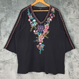 Calessa Top 1X Black Boho Peasant Embroidered Floral Seersucker Festival Tunic